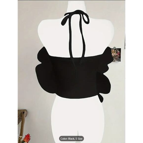 Black Oversized 3D Flower Halter Crop Top –  Backless Party & Festival Blouse - Picture 2 of 5